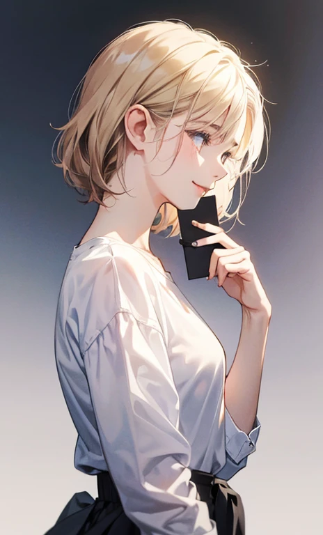 Woman profile、tears、White shirt、Casual clothing、Face only,Gentle look、Smiling a little、Holding a photo in his hand