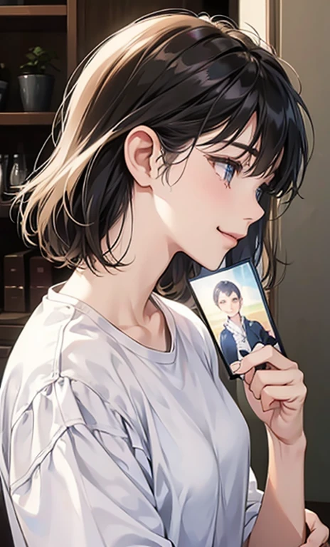 Woman profile、tears、White shirt、Casual clothing、Face only,Gentle look、Smiling a little、Holding a photo in his hand