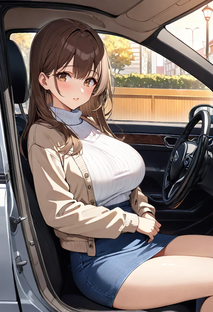 One Girl, Height: 148cm、Bust 90cm、Waist: 56cm、Hips 85cm、H Cup、23 years old、Baby Face、Brown haired、Semi-long hair、White turtleneck sweater、Light jacket、Denim mini skirt、Inside the car、Sitting in the driver's seat、Street lamp light、Looking down angle