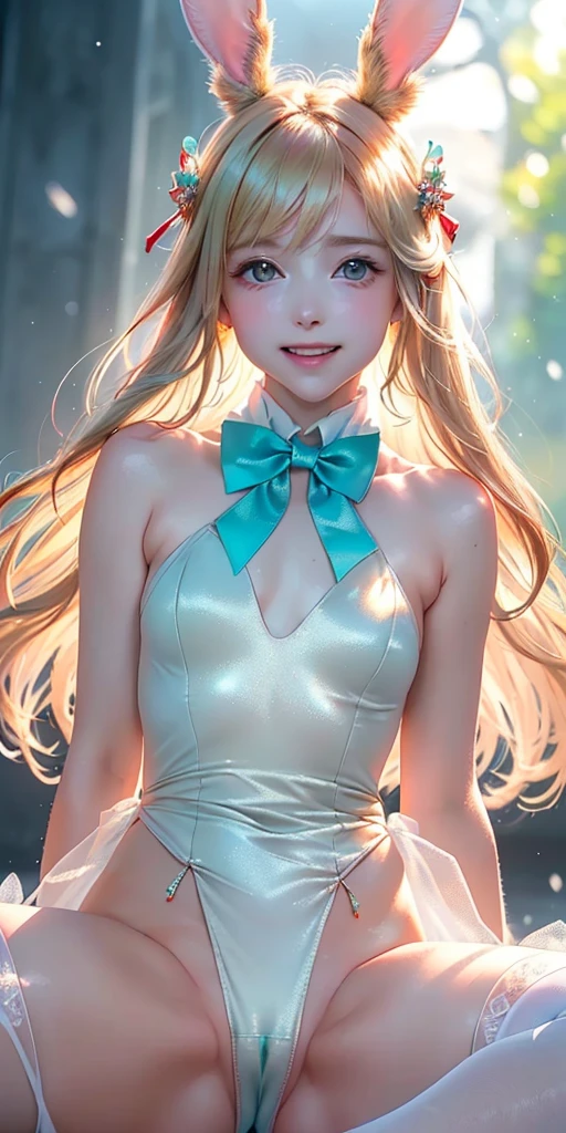 masterpiece, best quality, extremely detailed CG unity 8k wallpaper,((Upper Body)) ,((Upper Body head close-up shot of a beautiful girl)), , Elegant Long straight blonde hair, (Mckenna Grace), ((flat chest,thighs,Autoluminescence skin)), (red-green) golden (Glittering tutu,long Bunny Ear Headgear, , Bow-tie, No panties, genitals visible), ((spread legs)),(), (Blush), , (seductive smile), (A world of ice and snow), pretty face, key art, award winning, intricate detail realism hdr, by (ruan jia and artgerm and range murata), Photorealism, Hyperrealism, ultra realistic, dramatic light, intense shadows, gorgeous view, depth of field