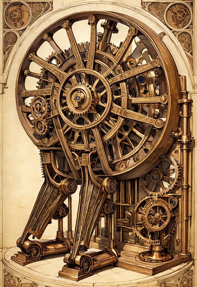 Renaissance-style Davinci drawing of a mechanical leg, inspired by ancient papyrus layouts, showcases intricate gears and bronzed joints. The drawing exhibits the mastery of linear perspective, typical of the era, adding a sense of depth and realism to the metallic appendage. This masterpiece, much like a timeworn artifact, serves as a testament to the brilliance of the human mind in merging ancient wisdom with modern invention.