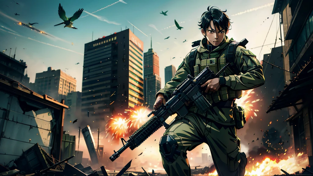1man, asian, short black hair, green eyes, wearing american soldier uniform, assault rifles, shooting, running, bird, explosions, war torn city, daylight, absurdres, high res, ultrasharp, 8K, masterpiece, looking at viewer