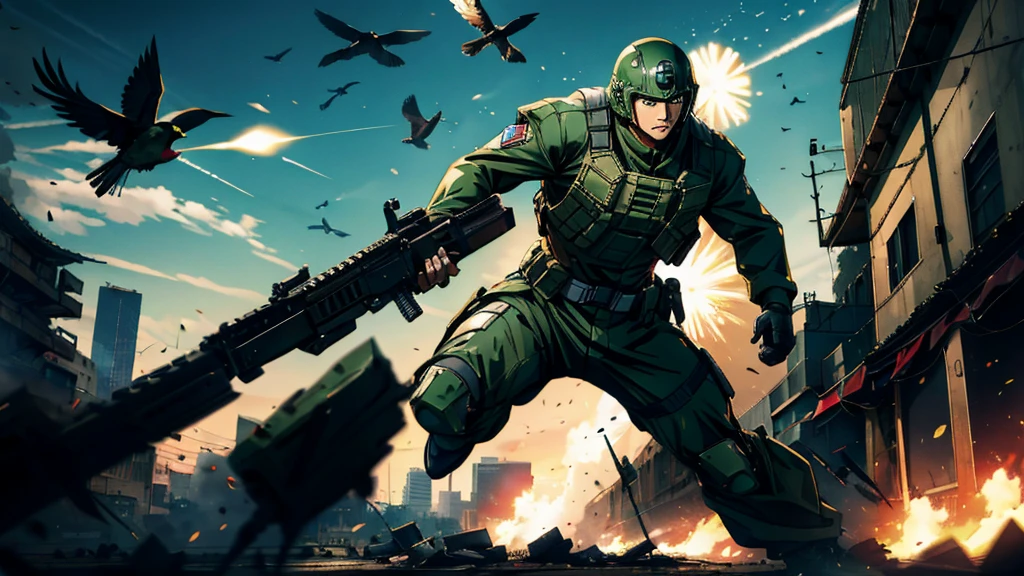 1man, asian, short black hair, green eyes, wearing american soldier uniform, assault rifles, shooting, running, bird, explosions, war torn city, daylight, absurdres, high res, ultrasharp, 8K, masterpiece, looking at viewer