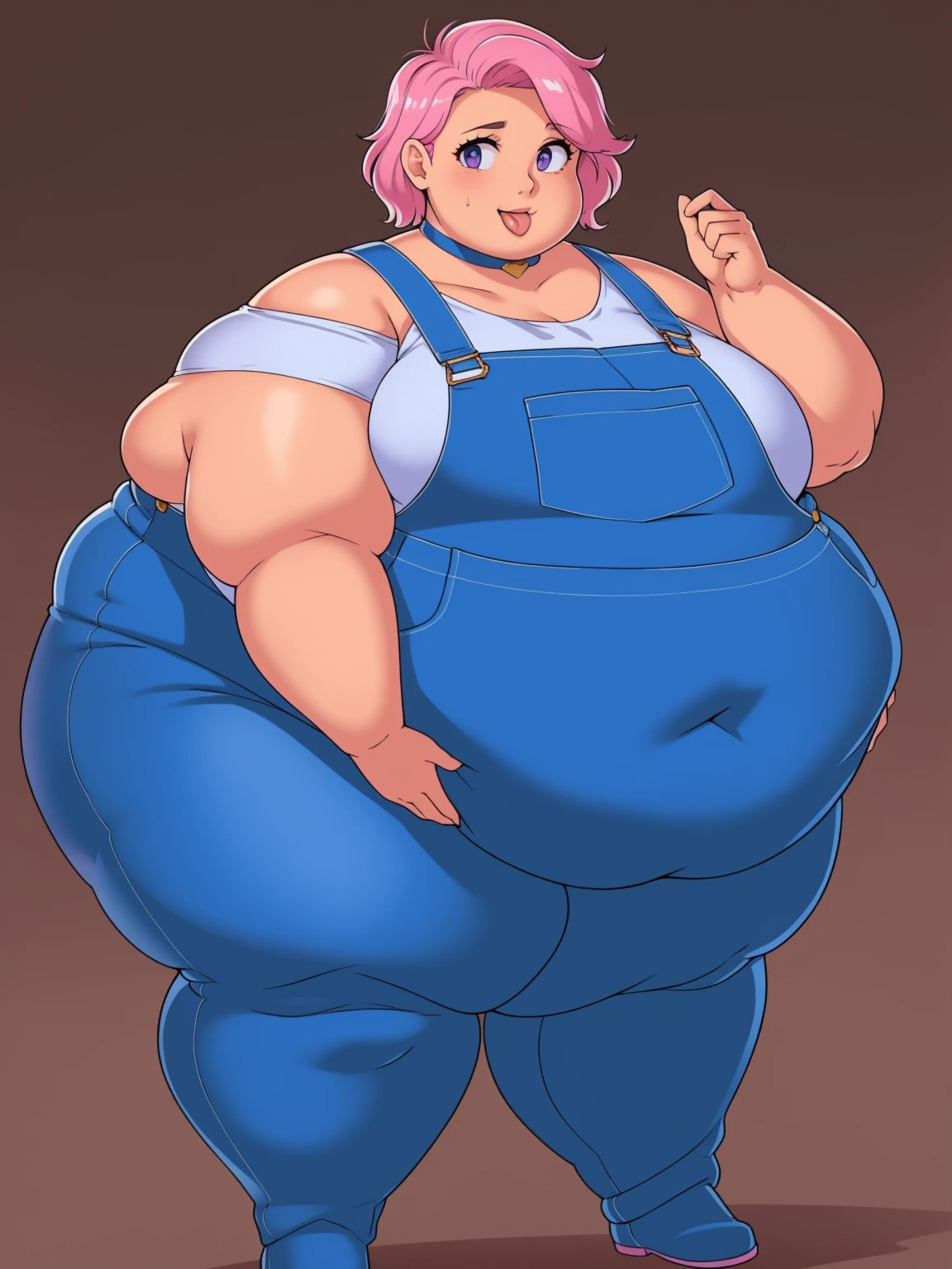 (Looking at viewer:1.2), (black pupils)Mouth open, parted lips, mouth wide open, sticking out tongue, exposed belly, slutty(Pale skin:1.0)Up close, Holding belly, hands on belly, outgrown clothes,Pale skin,fat, farm backround, upper body, looking at viewer, 1girl, solo, short pink hair, (dark blue choker), (dark blue denim overalls), (purple eyes), (pink boots), (white shoulder lantern sleeve blouse, tucked in pants, Round face, double chin, fat chin, fat cheeks, fat neck, round face, SSBBW, flabby arms, round face, double chin, fat double chin, big double chin, fat neck, chubby cheeks, fat thighs, fat calves, morbidly obese, flabby , giant , large belly, obese, fat face, belly, double chin, obesity, flabby breasts, fat arms and legs, fat everything,