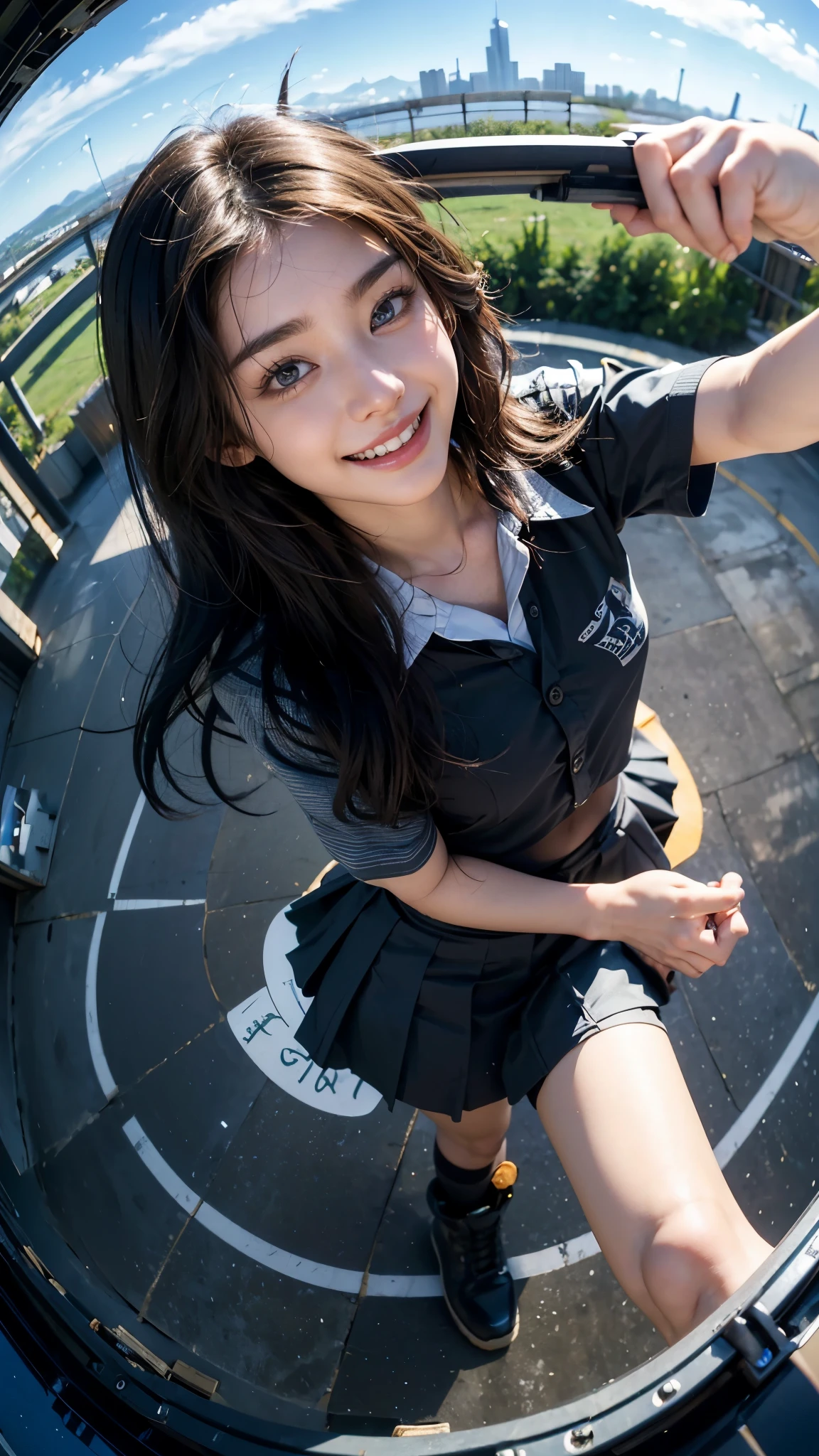 Highest quality, masterpiece, Ultra-high resolution,8K, (Realistic:1.6), (Facing portraits) RAW Photos, 1 Girl,(Full of smiles, Showing teeth)), 22 years old,((Korean Idol Karina Fashion)),((Miniskirt uniform and undershorts)),((Straight black hair long hair)),((Black hair fluttering in the wind)),((Looking up at the audience)),Face Focus:1.4,((Photographed from above with a fisheye lens:1.4)),((Background of airplane trails shining against the blue sky)), Image Media Chest)),((Smiling with teeth showing)),