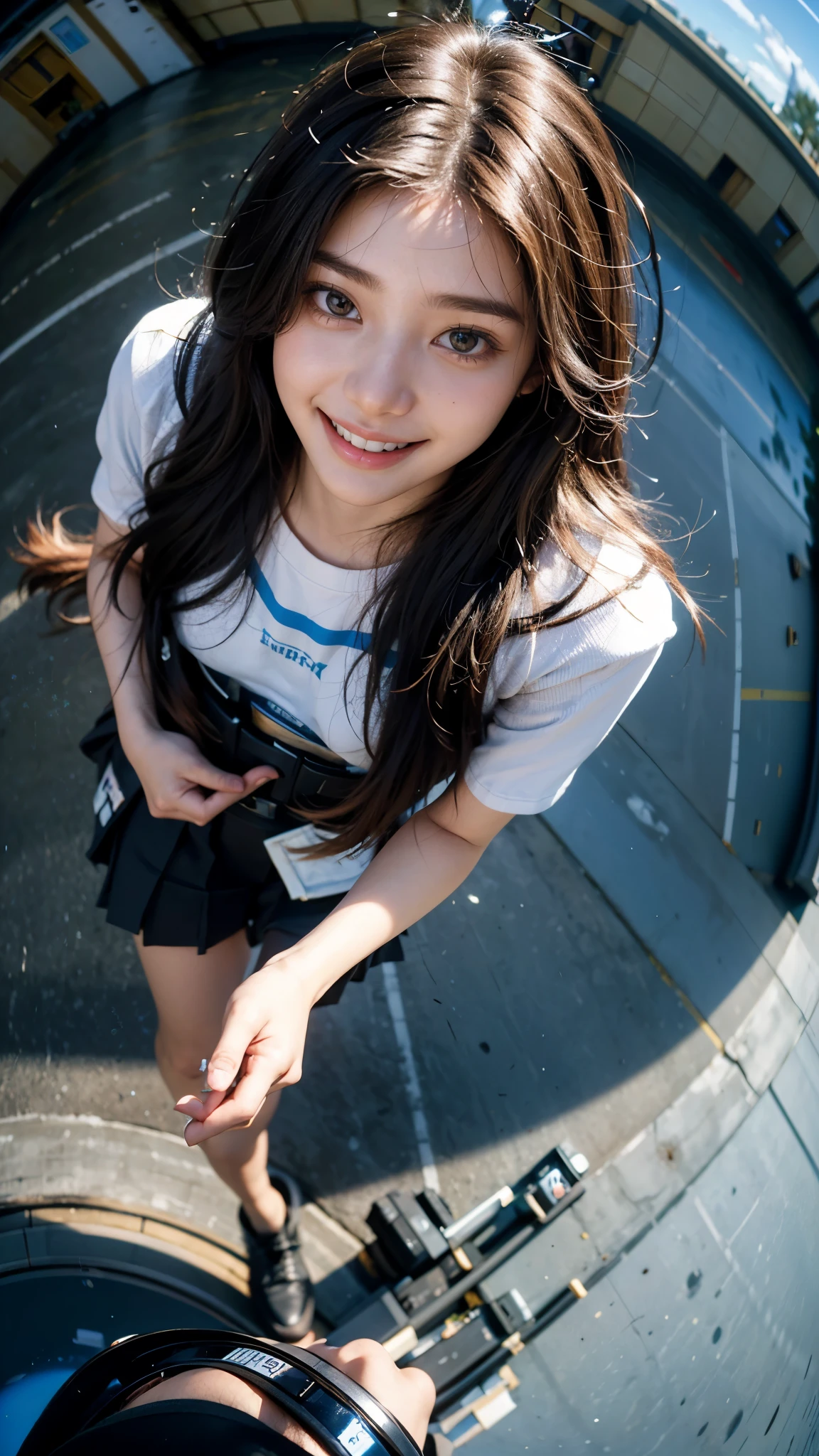 Highest quality, masterpiece, Ultra-high resolution,8K, (Realistic:1.6), (Facing portraits) RAW Photos, 1 Girl,(Full of smiles, Showing teeth)), 22 years old,((Korean Idol Karina Fashion)),((Miniskirt uniform and undershorts)),((Straight black hair long hair)),((Black hair fluttering in the wind)),((Looking up at the audience)),Face Focus:1.4,((Photographed from above with a fisheye lens:1.4)),((Background of airplane trails shining against the blue sky)), Image Media Chest)),((Smiling with teeth showing)),
