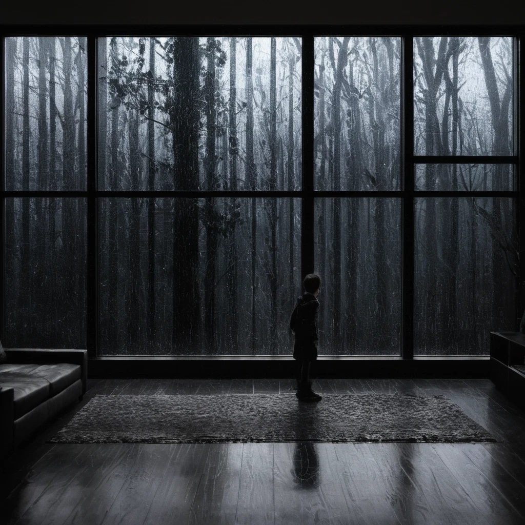 uhd, 4K, ultra detailed, filmic, a photograph of  a woman is looking out a windows at the rain,1 boy,meeting,indoors,tree,windows,dark,bare tree,Grusel (theme) , Vantablack-Stil, super black coating style, dark coating style
 epic, beautiful lighting, inspiring