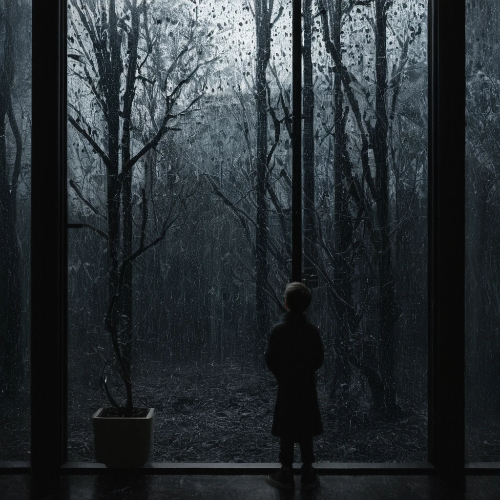 uhd, 4K, ultra detailed, filmic, a photograph of  a woman is looking out a windows at the rain,1 boy,meeting,indoors,tree,windows,dark,bare tree,Grusel (theme) , Vantablack-Stil, super black coating style, dark coating style
 epic, beautiful lighting, inspiring