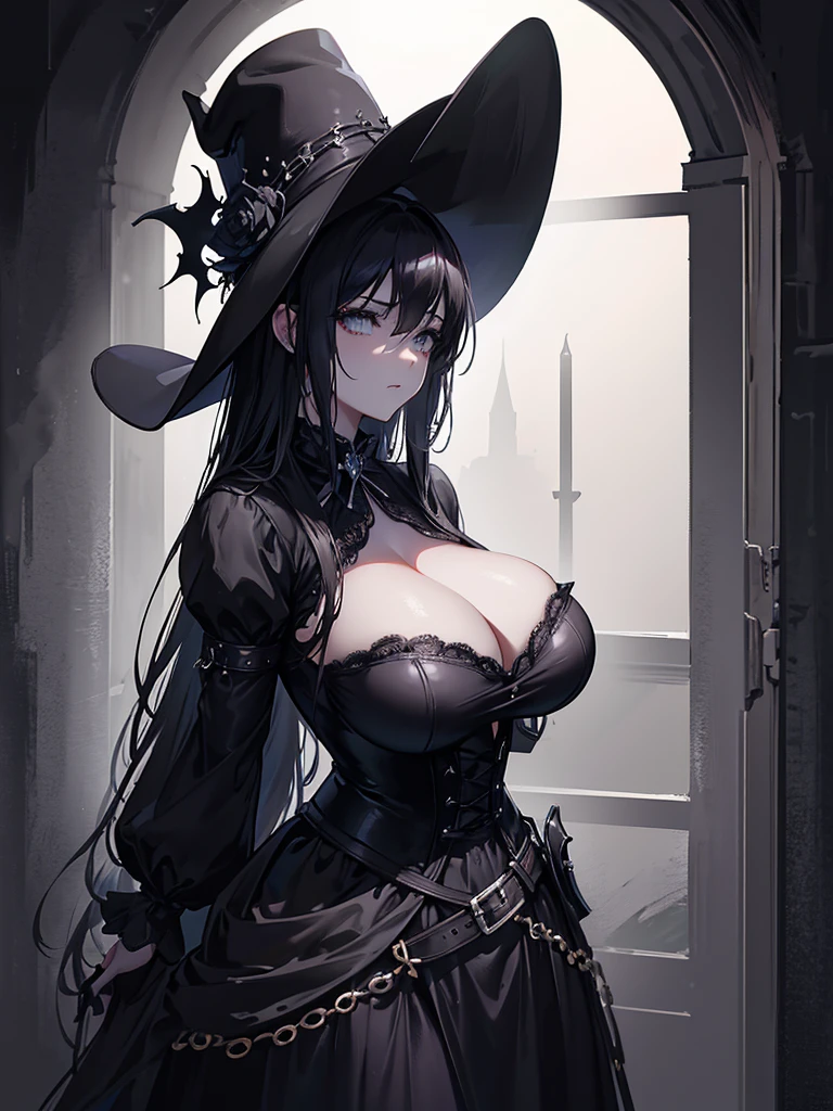 a beautiful gothic-style woman with large breasts, wearing a cowboy hat, dramatic lighting, cinematic, dark and moody atmosphere, dramatic poses, chiaroscuro lighting, highly detailed, photorealistic, 8k, award winning digital art
