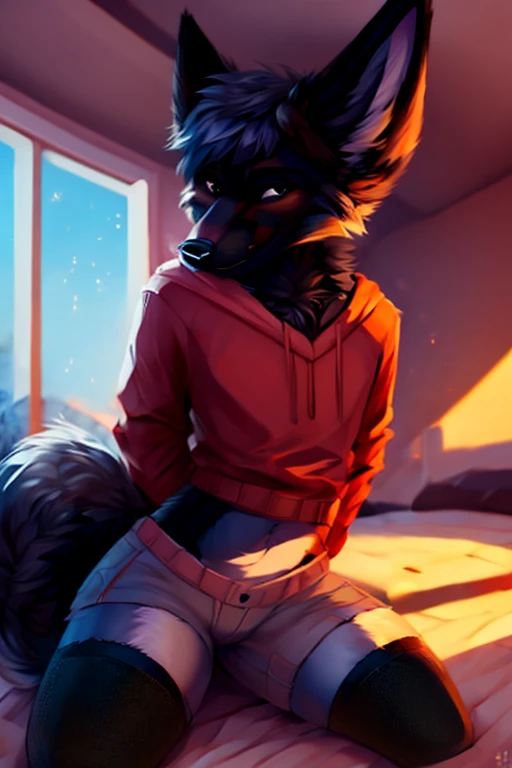  ((by reysi)),  Best quality, super detailed illustration, warm colors, Ideal lighting, (Fluffy boy dog:1.6), (Black fur:1.5) ,feminine face and body, disheveled thick gray hair, short shorts, long black stockings, Long-sleeved sweater, in a cosy room, smug smile, tricky glance , Femboy, slim, perfect body, any pose, any angle, doing anything