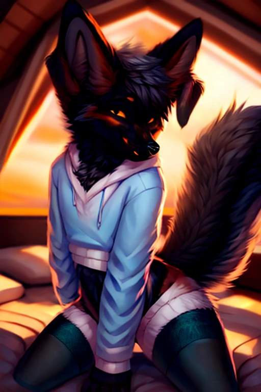  ((by reysi)),  Best quality, super detailed illustration, warm colors, Ideal lighting, (Fluffy boy dog:1.6), (Black fur:1.5) ,feminine face and body, disheveled thick gray hair, short shorts, long black stockings, Long-sleeved sweater, in a cosy room, smug smile, tricky glance , Femboy, slim, perfect body, any pose, any angle, doing anything