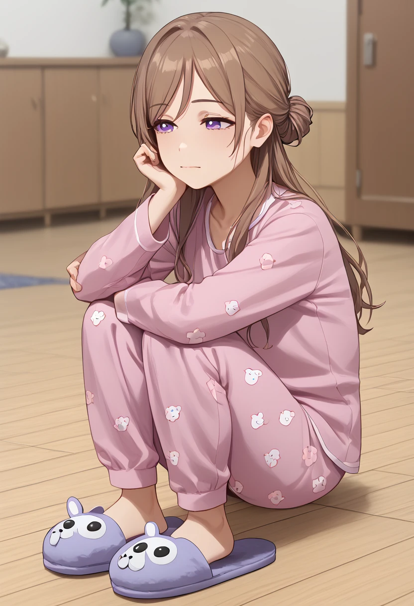 score_9, score_8_up, score_7_up, score_6_up, source_anime,masterpiece, best quality, 8k, 8k UHD, ultra-high resolution, ultra-high definition, highres, shading, good_hands, himesaki rinami, purple eyes, brown hair, hair bun, long hair, sleepy, half-closed eyes, pajamas, slippers, solo, 1girl, full body, sitting on floor, knees up,