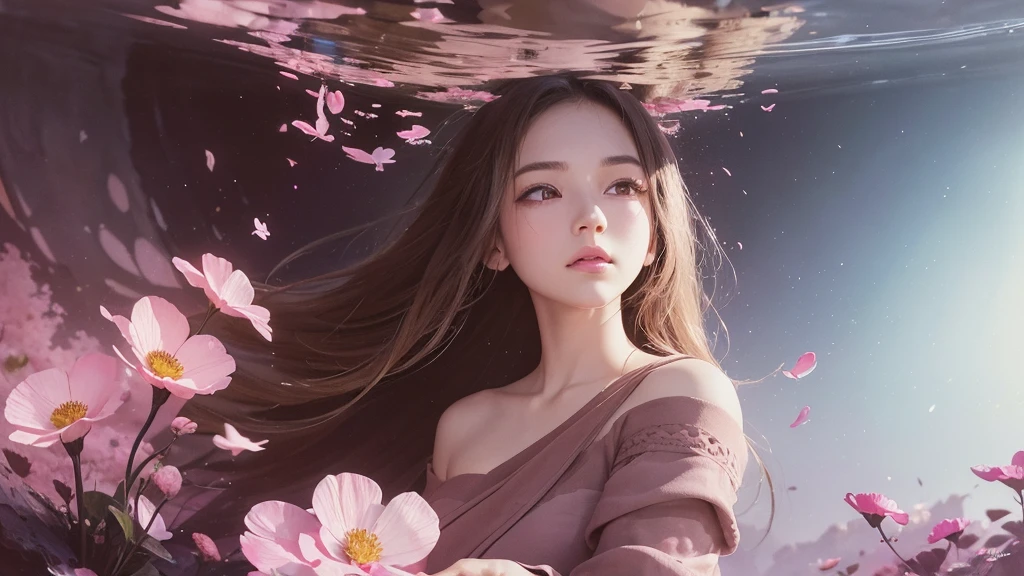 32k, Masterpiece, Highest quality, One girl, Detailed eyes, flower,Sandersonia, Pink and brown style,A dreamy, romantic piece,Pale pink, Mysterious Leaves,A playful arrangement,Fantasy,High Contrast,Ink strokes,explosion,Exposure, Impression of pink and brown tones,Abstract,((Watercolours by John Berkey and Jeremy Mann )) Brush strokes,Negative Space, Tyndall effect,
