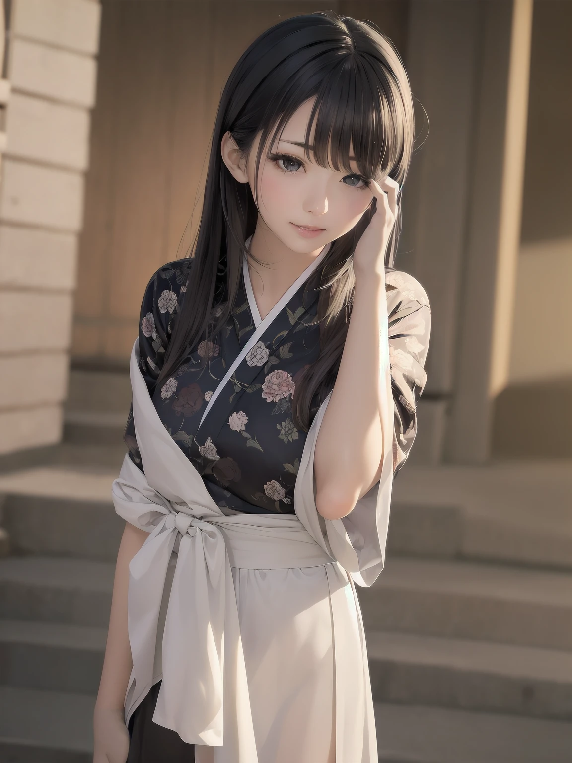 Masterpiece、high quality、high resolution、Girls, One, Solo, Cute Hair, Her appearance is the very epitome of the Japanese ideal of beauty. First of all, her hair is shiny black, moist and textured, and goes straight down to her shoulders. Her hair creates beautiful ripples whenever it sways in the wind and shines like silk in the light. Her skin is translucent white, smooth like china and feels cool to the touch. Her eyes are a deep brown colour, imbued with gentleness and intelligence, and when you gaze into them, you feel at peace. Her high, well-defined cheekbones and the clean line of her nose enhance her face, and her mouth is discreet but attractive when she smiles. Her long eyelashes frame her eyes, and her blink of an eye is enough to capture people's hearts. Her style is slender yet moderately rounded, and she looks beautiful in any clothes she wears, whether Japanese or Western. Her behaviour is graceful and elegant, and her every gesture embodies the traditional Japanese sense of beauty. Her every movement is refined and her presence captivates everyone around her.
