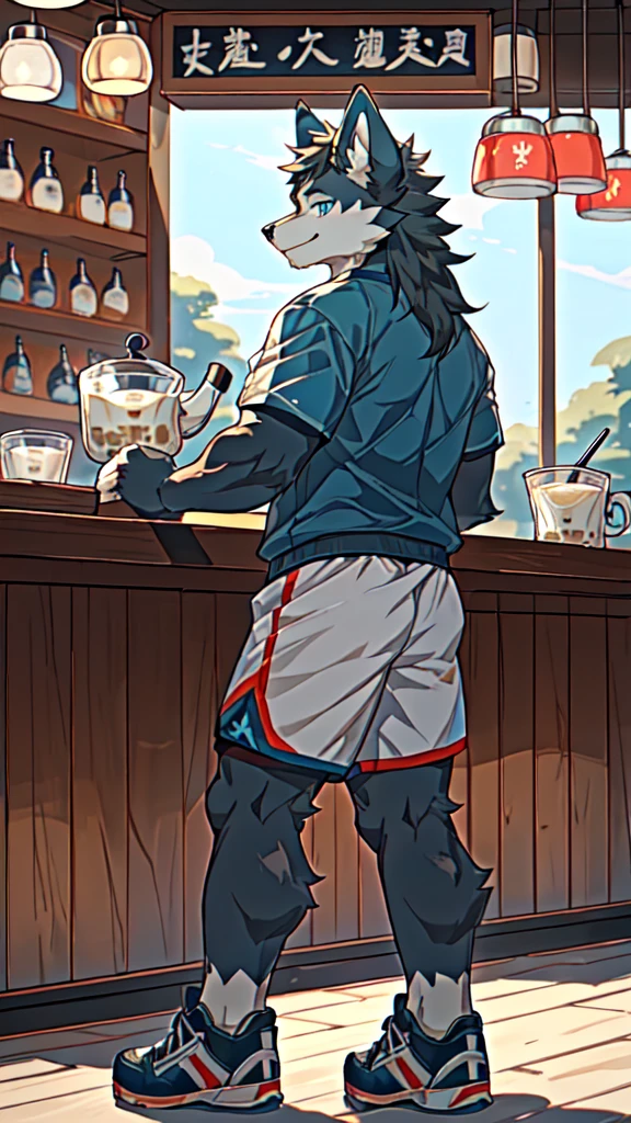 Sunlight，high resolution，4K，gay，(((whole body:1.1，Facing away from the camera:1.5)))，masterpiece，high quality，Brave and bold，((Wolf))，male，(((Milk tea shop，Sit at the bar:1.4)))，WolfFurry，(juvenile)，hairy，((Lovely，Smiling face，Long hair))，((peaceful，Gentle))，(((Well-proportioned body，Small ears，Well-proportioned limbs，Wolf尾巴:1.2，Meat pad)))，(((Green ears:1.5，Dark blue head，Dark blue back，Dark blue limbs，Brown chest，brown abdomen，Blue pupils，粉色Meat pad)))，(((Grey short sleeves，Red and black sports shorts，Blue sneakers:1.3)))，Delicate face，Exquisite eyes，Detailed body，Detailed hands，Detailed feet