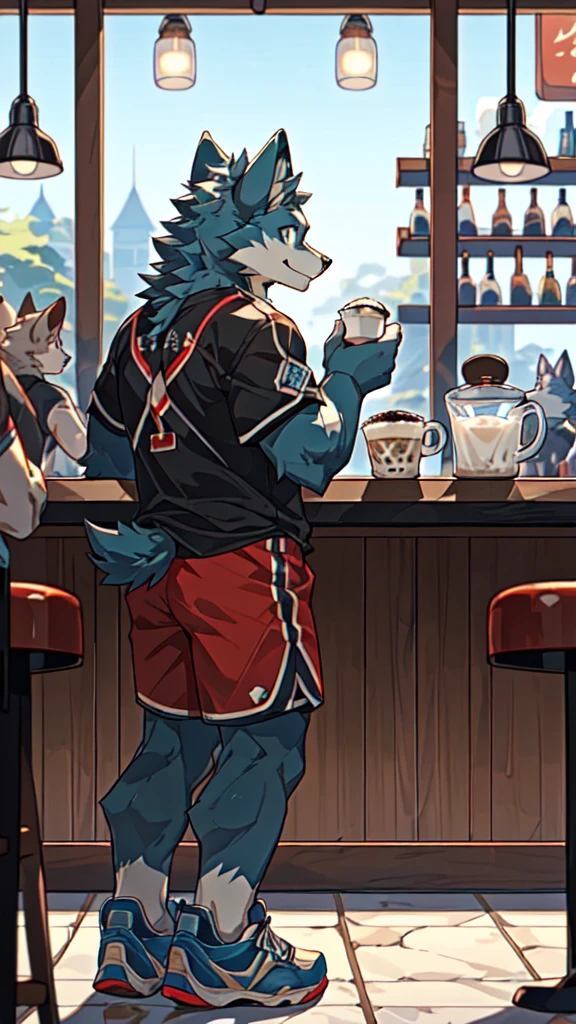 Sunlight，high resolution，4K，gay，(((whole body:1.1，Facing away from the camera:1.5)))，masterpiece，high quality，Brave and bold，((Wolf))，male，(((Milk tea shop，Sit at the bar:1.4)))，WolfFurry，(juvenile)，hairy，((Lovely，Smiling face，Long hair))，((peaceful，Gentle))，(((Well-proportioned body，Small ears，Well-proportioned limbs，Wolf尾巴:1.2，Meat pad)))，(((Green ears:1.5，Dark blue head，Dark blue back，Dark blue limbs，Brown chest，brown abdomen，Blue pupils，粉色Meat pad)))，(((Grey short sleeves，Red and black sports shorts，Blue sneakers:1.3)))，Delicate face，Exquisite eyes，Detailed body，Detailed hands，Detailed feet