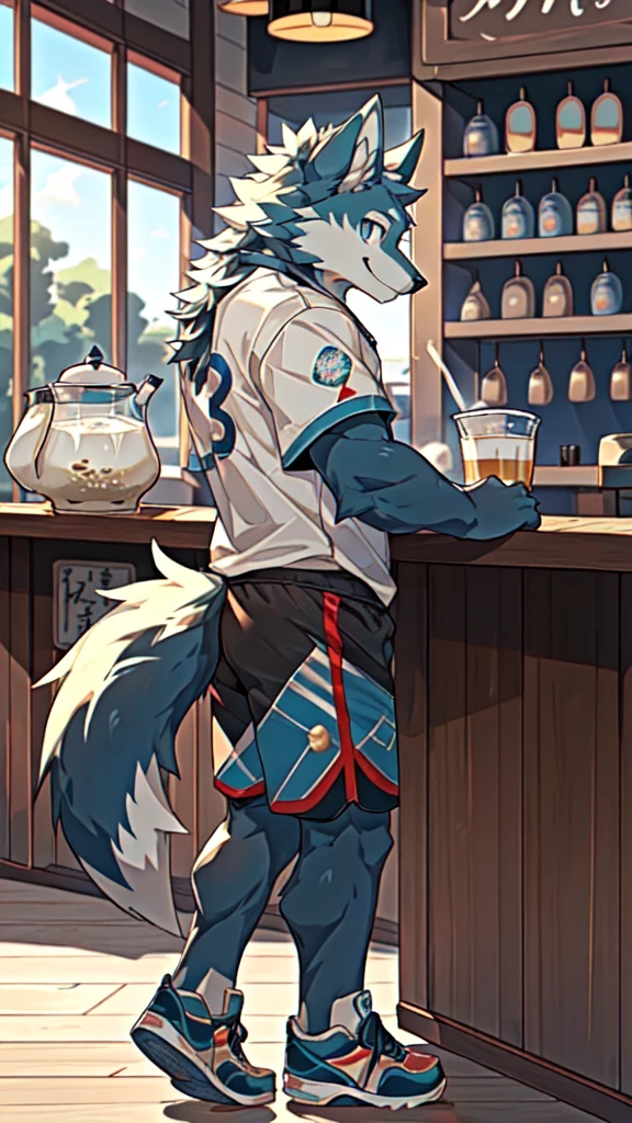 Sunlight,high resolution,4K,gay,(((whole body:1.1,Facing away from the camera:1.5))),masterpiece,high quality,Brave and bold,((Wolf)),male,(((Milk tea shop,Sit at the bar:1.4))),WolfFurry,(juvenile),hairy,((Lovely,Smiling face,Long hair)),((peaceful,Gentle)),(((Well-proportioned body,Small ears,Well-proportioned limbs,Wolf尾巴:1.2,Meat pad))),(((Green ears:1.5,Dark blue head,Dark blue back,Dark blue limbs,Brown chest,brown abdomen,Blue pupils,粉色Meat pad))),(((Grey short sleeves,Red and black sports shorts,Blue sneakers:1.3))),Delicate face,Exquisite eyes,Detailed body,Detailed hands,Detailed feet