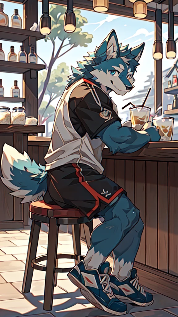 Sunlight,high resolution,4K,gay,(((whole body:1.1,Facing away from the camera:1.5))),masterpiece,high quality,Brave and bold,((Wolf)),male,(((Milk tea shop,Sit at the bar:1.4))),WolfFurry,(juvenile),hairy,((Lovely,Smiling face,Long hair)),((peaceful,Gentle)),(((Well-proportioned body,Small ears,Well-proportioned limbs,Wolf尾巴:1.2,Meat pad))),(((Green ears:1.5,Dark blue head,Dark blue back,Dark blue limbs,Brown chest,brown abdomen,Blue pupils,粉色Meat pad))),(((Grey short sleeves,Red and black sports shorts,Blue sneakers:1.3))),Delicate face,Exquisite eyes,Detailed body,Detailed hands,Detailed feet