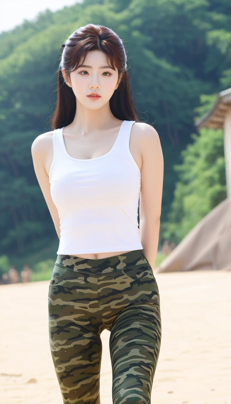 close-up of beautiful South Korean, Jang Eunbi is a South Korean video creator and model, youthful face, perfect body, white body skin, sexy looking pose, rapunzel long hair, black hair, straight hair, 36 inches breasts size, wearing a tight plain white short-sleeved tank top, wearing a tight camouflage legging pants, at the military training camp, Eunbi’s shirt was cut by male soldier using a scissor from a t-shirt to a tank top in a very sighing and sexy manner, strand by strand of Eunbi’s clothes fell off because it had been cut, the rest of Eunbi’s clothes were scattered on the floor because they had been cut, Eunbi’s shirt shows off her breasts because male soldier cut them off, making her look sexier and more seductive, military training camp background, UHD