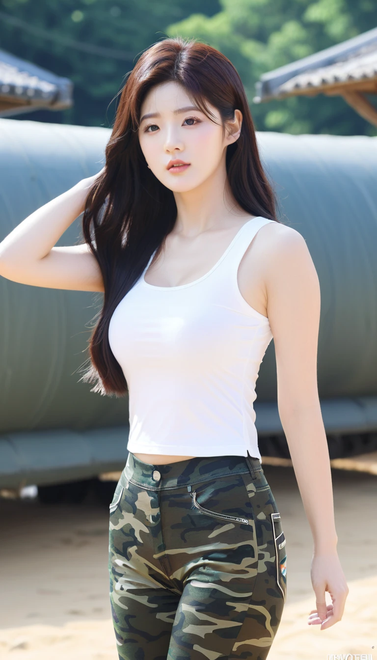 close-up of beautiful South Korean, Jang Eunbi is a South Korean video creator and model, youthful face, perfect body, white body skin, sexy looking pose, rapunzel long hair, black hair, straight hair, 36 inches breasts size, wearing a tight plain white short-sleeved tank top, wearing a tight camouflage legging pants, at the military training camp, Eunbi’s shirt was cut by male soldier using a scissor from a t-shirt to a tank top in a very sighing and sexy manner, strand by strand of Eunbi’s clothes fell off because it had been cut, the rest of Eunbi’s clothes were scattered on the floor because they had been cut, Eunbi’s shirt shows off her breasts because male soldier cut them off, making her look sexier and more seductive, military training camp background, UHD