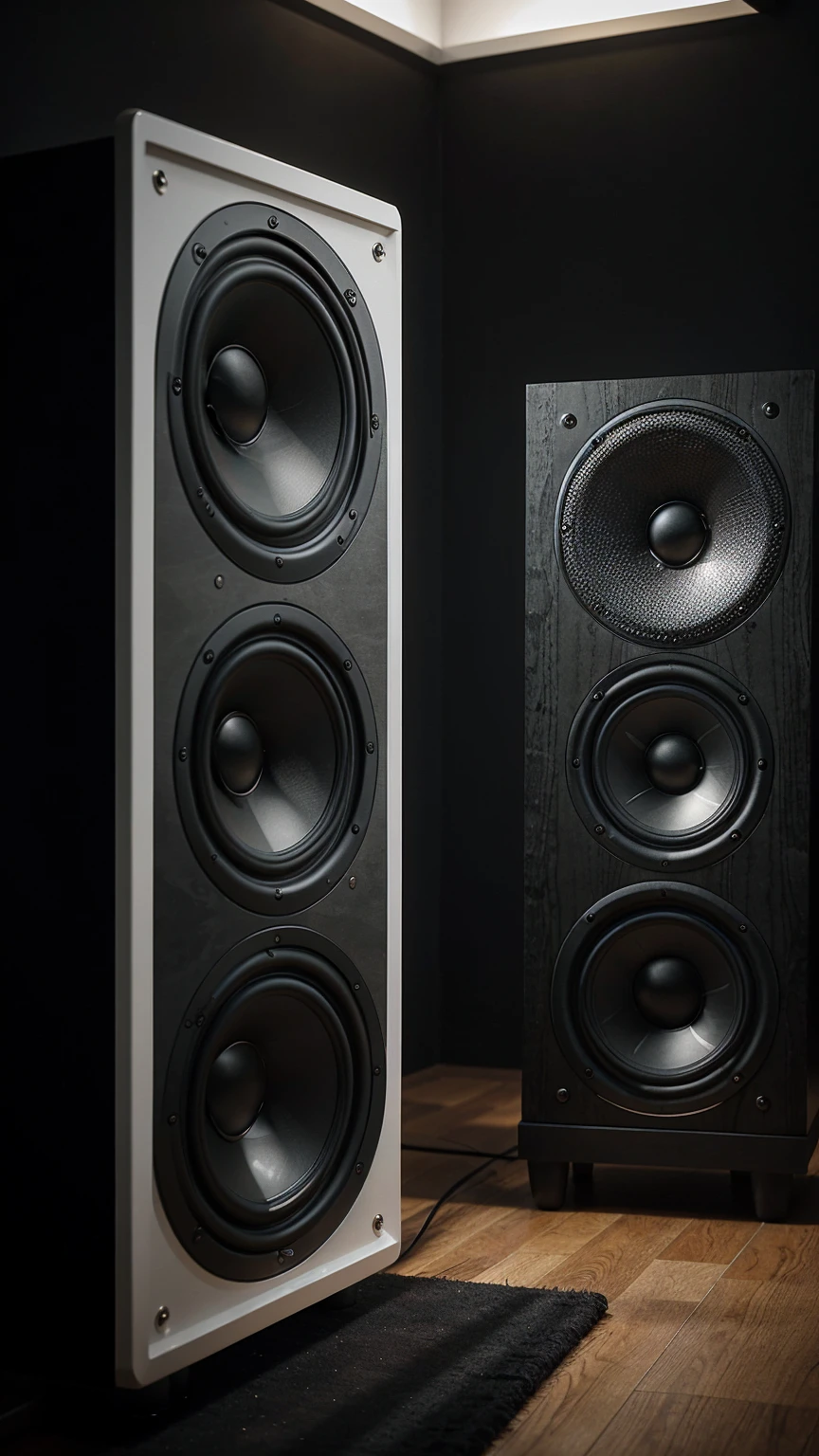 Speaker seen from the front vertically, the speakers in an environment of black walls with details of light