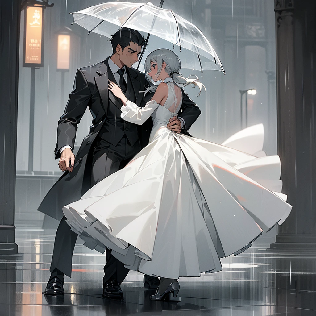 Couple of man and girl dancing in the rain, (in the rain), (streets of London), (portrait style), (grey tones), (tall pale adult man dressed in black suit and tie), (tanned young girl dressed in white dress shorter than man) 