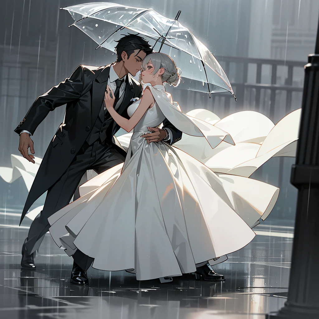 Couple of man and girl dancing in the rain, (in the rain), (streets of London), (portrait style), (grey tones), (tall pale adult man dressed in black suit and tie), (tanned young girl dressed in white dress shorter than man) 