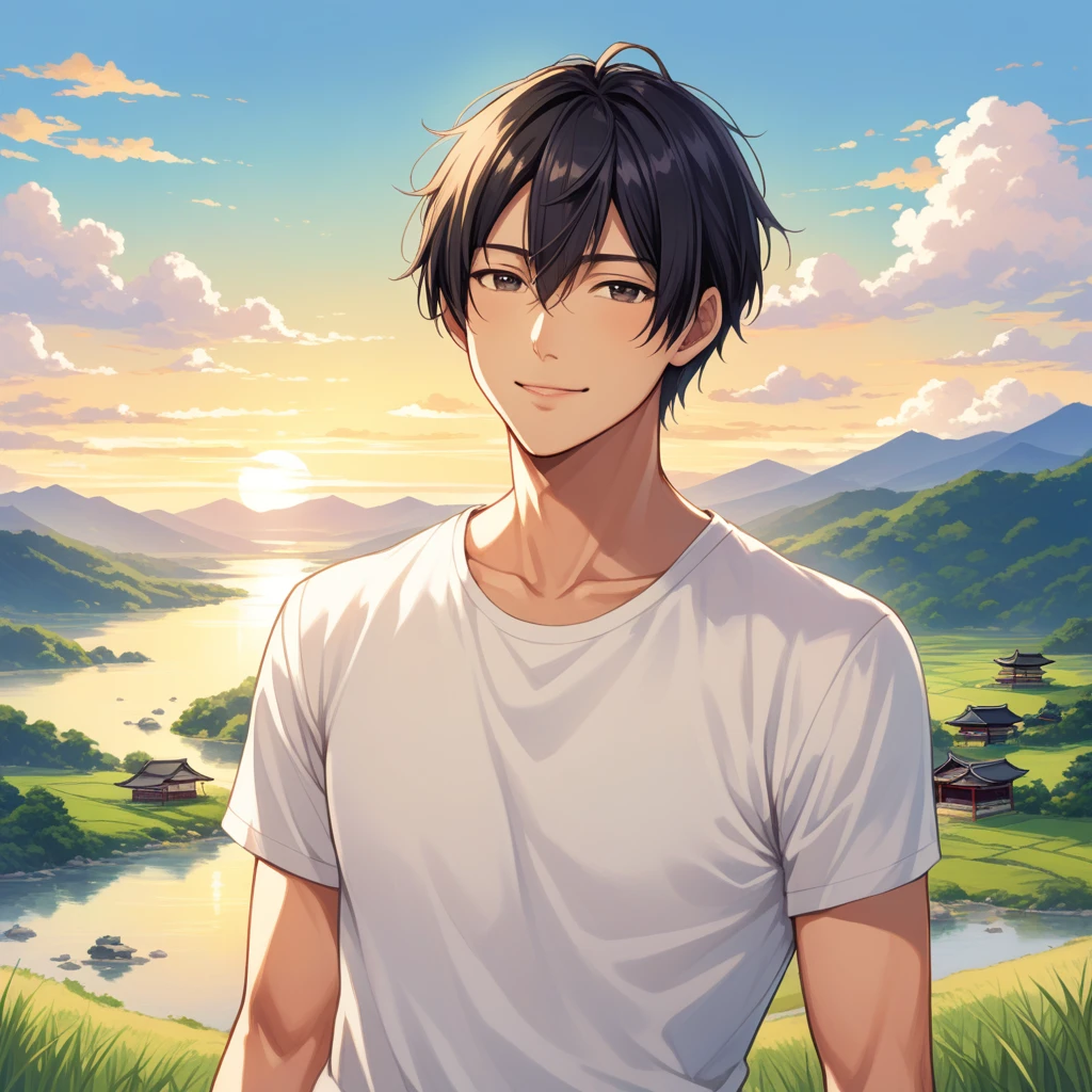 A gentle and warm illustration of a Japanese man in his early 30s with short hair, wearing a white T-shirt and black pants. He is slim and about 170cm tall, with a friendly rather than handsome face. He has a gentle smile and a slightly melancholic look in his eyes. The background is a beautiful landscape where digital and nature are fused. The overall style should be natural and approachable, emphasizing trustworthiness.