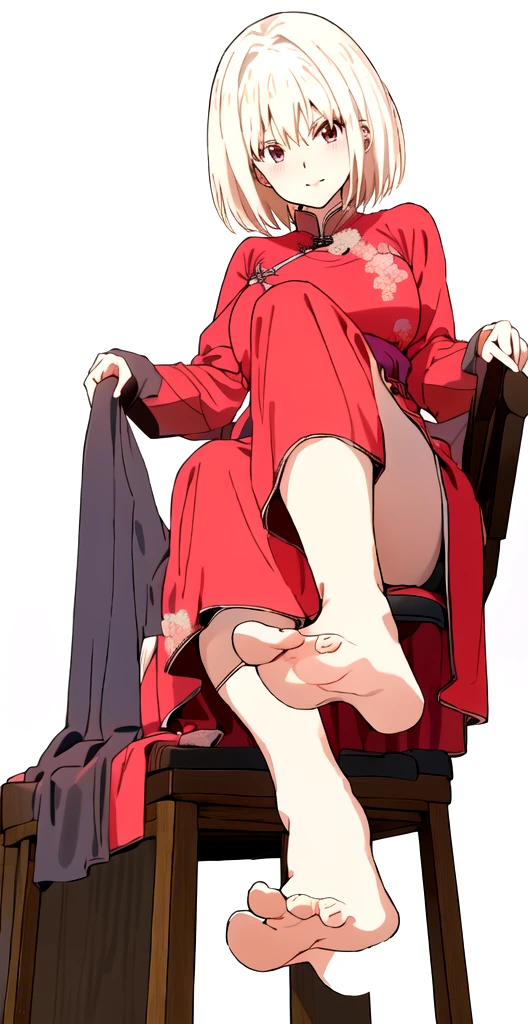 胸のI can see the valley、胸の開けたChina dress、Panties are slightly visible、China dress姿のアニメの女の子, China dress、China dressのスリットからパンティが見える、、Blushing、、Short Hair、Coffee shop、I can see the valley、Put one foot on the chair
