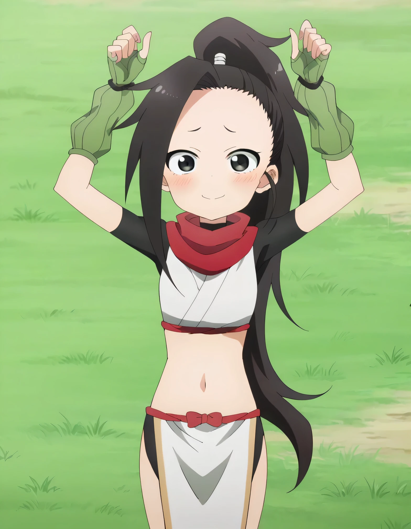 anime coloring, anime screencap, source_anime, anime,uncensored ,BREAK1girl,kunotsubaki, black eyes, black hair, long hair, asymmetrical bangs, forehead, high ponytail, ponytail,shirt, navel, red scarf, scarf short sleeves, pelvic curtain, shorts, green gloves, arm warmers, fingerless gloves, BREAK, high quality, solo, lying, on back, arms up, spread arms, closed mouth, on grass, (cowboy shot:1.5), looking at viewer, nervous, smile, best quality, blushing, center,