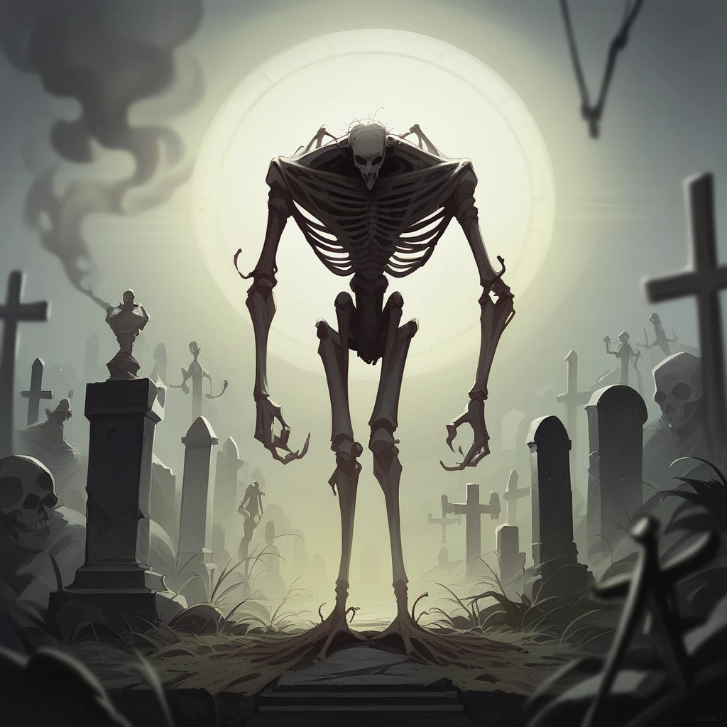 realistic photograph of mummified skeleton, on a graveyard carpet, mist, smoke, dark lighting, cinematic, moody, film grain, shallow depth of field, award winning photography, 70 mm film lens, scary, scary