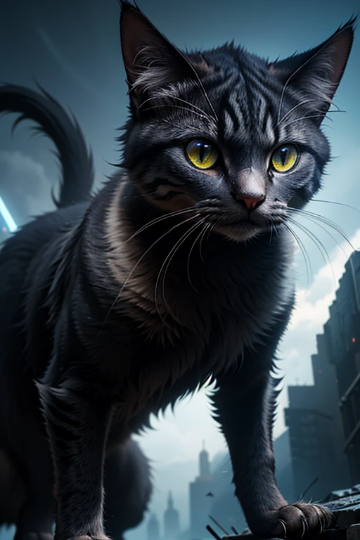 "(Best Quality,ultrarealistic:1.2),futuristic cat with 4 legs,Killer look,futuristic background,murderous instinct,detailed skin,Sharp claws,intense look,bright Eyes,high-tech atmosphere,Sci-fi lighting,vivid colors"