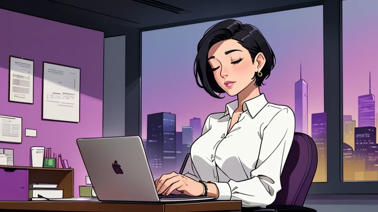 Beautiful short black-haired woman in her 30s sitting purple chair in an spacious and colorful office. looking down and closing her eyes, relaxed atmosphere, cozy, LOFI girl, alone in the room, white blouse, desk, documents, laptop, pen, watch, smartphone, stationery, wide glass window, only five fingers, New York, colorful, well-proportioned face, I can see skyscrapers outside the window, Colorful wall, pierced earrings, She is fashionable, ring, cabinet, In the background there are many desks and people, coffee cup, Well-proportioned face, Her outfit is a pantsuit