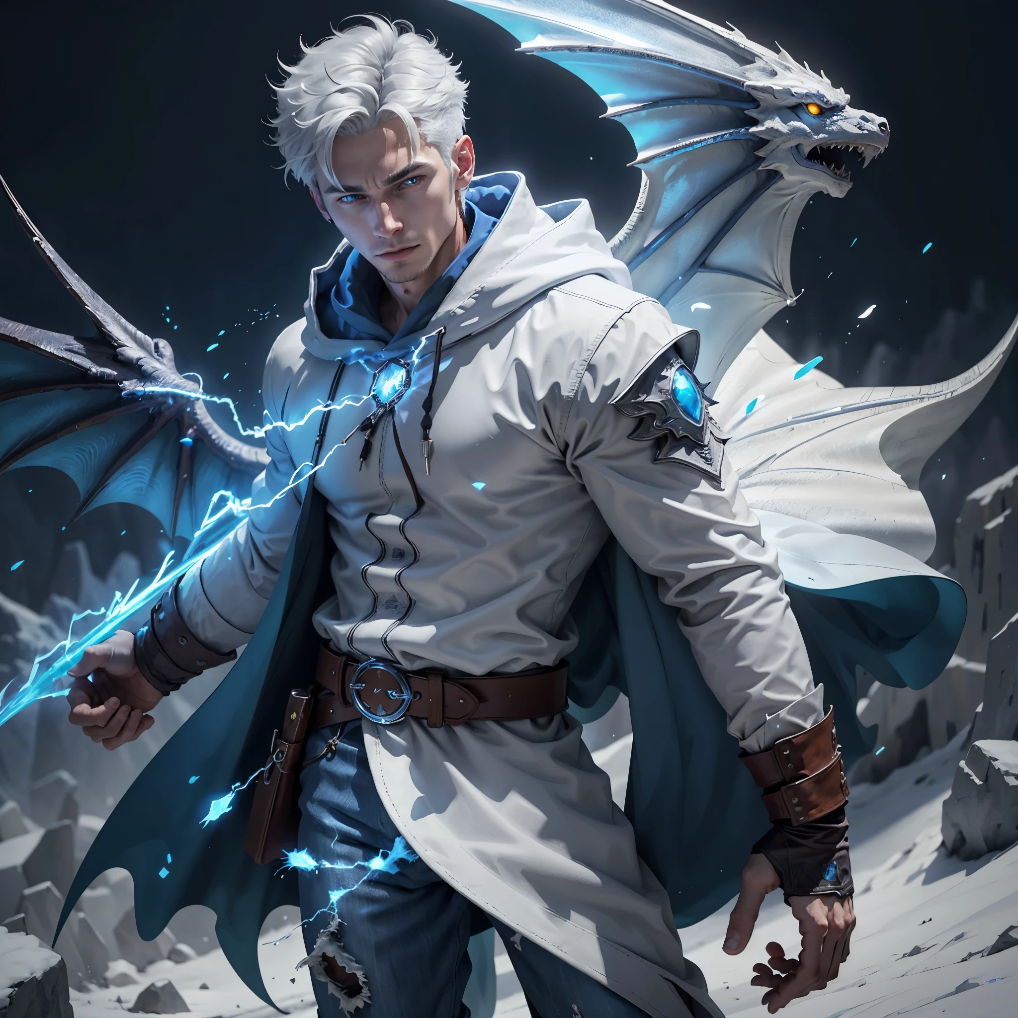 Design 1wizard man shooting a ice beam. Young man with a transparent hooded cape.Light gray hair. Glowing white eyes Wearing a white button-down shirt Wearing blue pants Wearing a brown belt Wearing short brown boots Wearing blue gloves on your hands. Dragon wings on his back. epic.cinematografico. powerfull