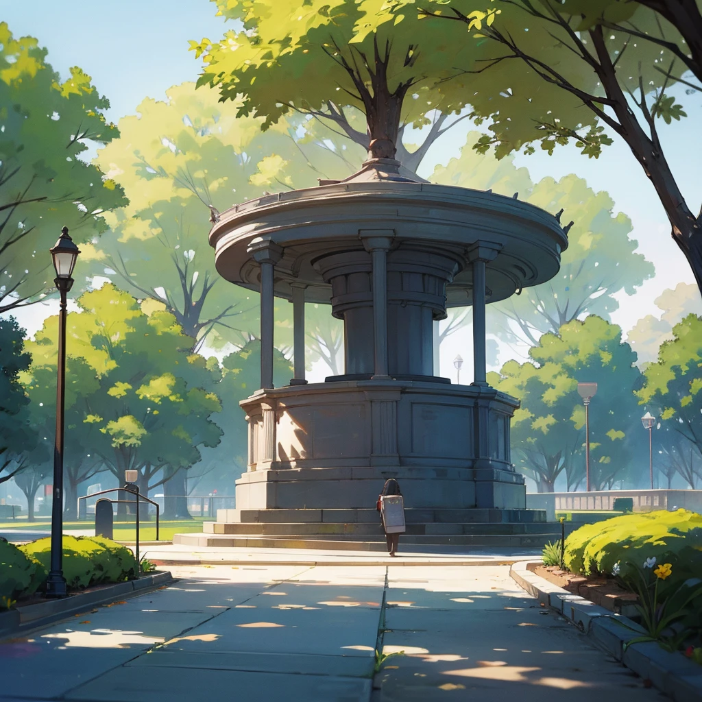 A beautiful modern park with fountain, trees, few people walk by the park, sunny day, soft tones