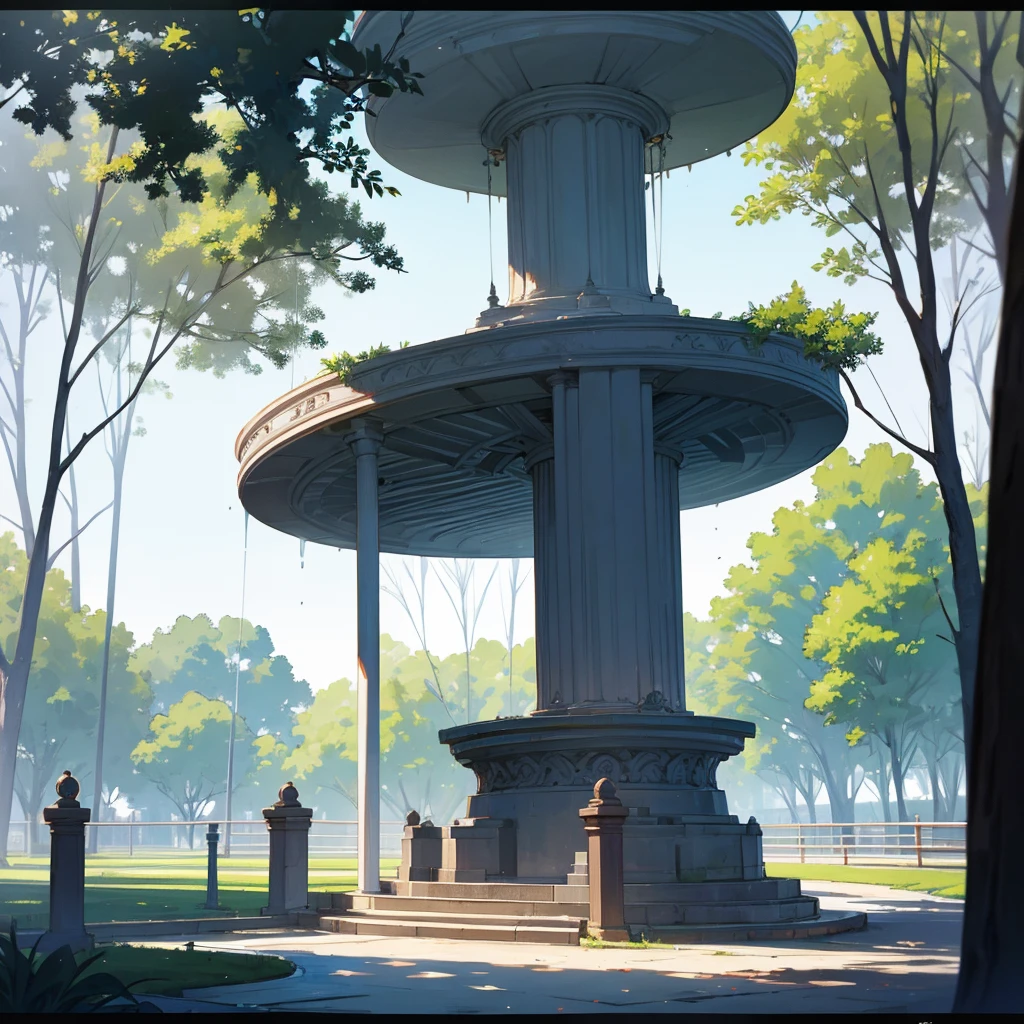 A beautiful modern park with fountain, trees, few people walk by the park, sunny day, soft tones
