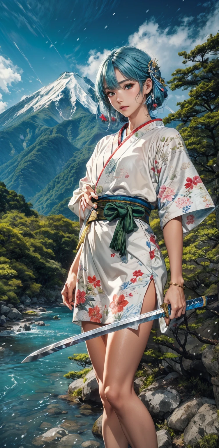 Holding a Japanese sword in his right hand、The river flows at my feet、Blue shiny kimono、Flashy floral kimono、The Japanese sword in his left hand is shining.、The background is fresh green、The background is early summer、A little snow remains on the mountain top