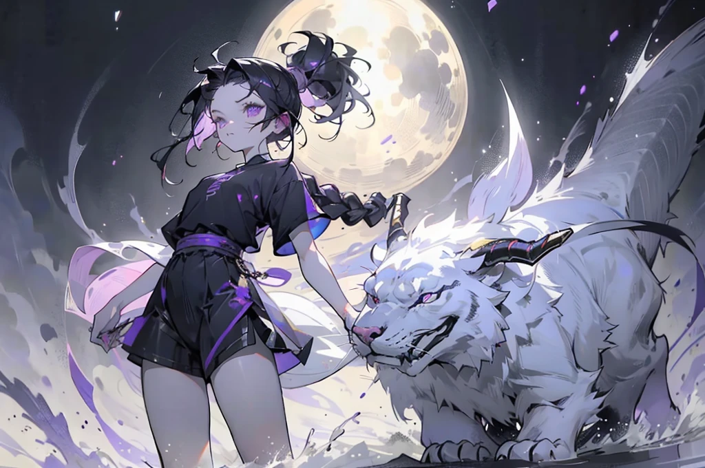 cheerful boy with open forehead. dark purple hair braided in a ponytail on the left side to one side. sinuous black horns wrapped in dark purple ribbon. pale violet eyes. in short dark purple shorts. long white T-shirt. dark purple knee-high socks. a white long robe with a hood flutters in the wind. black ancient stone walls of the castle purple light from lamps with gold ornaments