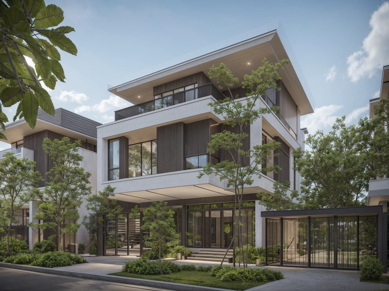 RAW photo, Exterior of two story white modern house, road, ((sidewalk)), ((sidewalk trees)), residences area, day time, tropical trees and plants, (high detailed:1.2), 8k uhd, dslr, soft lighting, high quality, film grain, Fujifilm XT3)