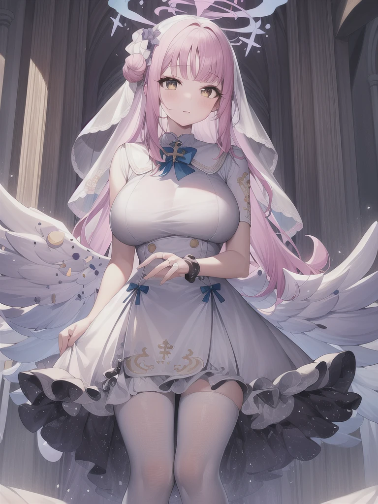 A girl，long hair, Bangs, Pink hair, Hair between the eyes, Eye:1.5),  (Large Breasts:1.2), 
rest  锁骨, Wedding dress，veil，wedding，White dress，Flowers，Broken skirt，White socks，Tights，White knee socks，
looking at viewer, whole body,
indoors, church，Standing，Standing，
rest (masterpiece:1.2), best quality, high resolution, Unity 8k Wallpaper, (illustration:0.8), (美丽细致的Eye:1.6), Extremely detailed face, Perfect lighting, Extremely detailed CG, (Perfect hands, Perfect anatomical structure),