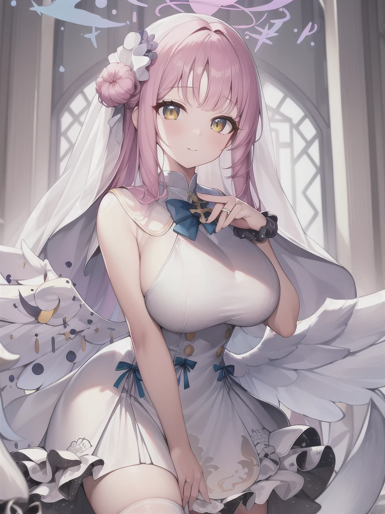 A girl，long hair, Bangs, Pink hair, Hair between the eyes, Eye:1.5),  (Large Breasts:1.2), 
rest  锁骨, Wedding dress，veil，wedding，White dress，Flowers，Broken skirt，White socks，Tights，White knee socks，
looking at viewer, whole body,
indoors, church，Standing，Standing，
rest (masterpiece:1.2), best quality, high resolution, Unity 8k Wallpaper, (illustration:0.8), (美丽细致的Eye:1.6), Extremely detailed face, Perfect lighting, Extremely detailed CG, (Perfect hands, Perfect anatomical structure),