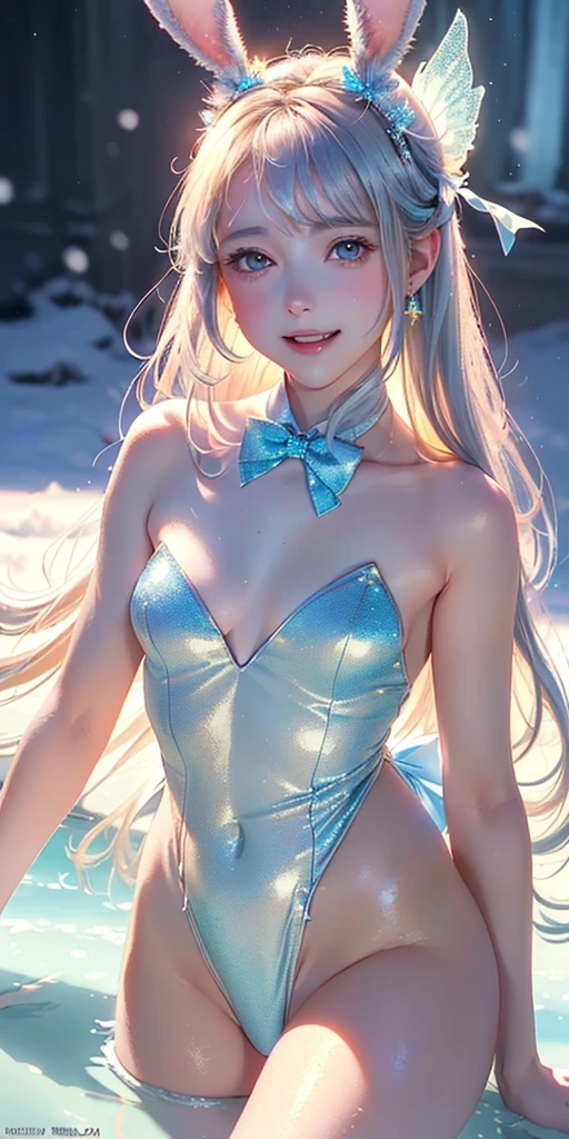 masterpiece, best quality, extremely detailed CG unity 8k wallpaper,((Upper Body)) ,((Upper Body head close-up shot of a beautiful )), , Elegant Long straight blonde hair, (Mckenna Grace), ((flat chest,thighs,Autoluminescence skin)), (Silver-blue) golden (Glittering tutu,long Bunny Ear Headgear, , Bow-tie, No panties, genitals visible), ((spread legs)),(), (Blush), , (seductive smile), (A world of ice and snow), pretty face, key art, award winning, intricate detail realism hdr, by (ruan jia and artgerm and range murata), Photorealism, Hyperrealism, ultra realistic, dramatic light, intense shadows, gorgeous view, depth of field