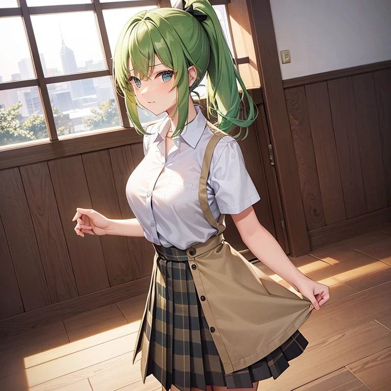 You will be able to create anime images of a 19-year-old woman, standing in the middle of her classroom with a few students on the second floor of a white school with a wooden floor in the city of Japan, a landscape is reflected in the windows with surrounding trees covered in snow during the afternoon (Side Shot). She is 172cm tall and her measurements are B 60, W 30 y H 90; He has short, straight peridot-colored hair with a mini ponytail on the right side, his eyes are purple jade, he has a relieved expression when he says something while stretching, he wears a white button-down shirt, a green bow, a cream-colored sleeveless V-neck sweater vest, green plaid pleated skirt, long white stockings and brown shoes.