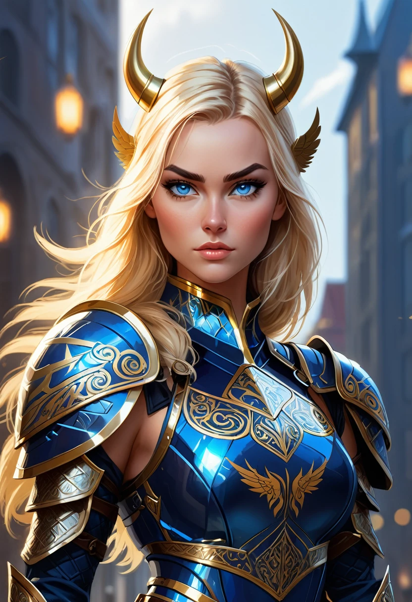 comic book style, illustration of A blonde woman, blue eyes, pretty face, full face. medium length straight hair over one shoulder. she wears shiny dark blue armor with gold trim, hex pattern on armor, intricate runes carved on armor, reflective surface, and a (Viking helmet with wings on the side:1.3), deep vneck, exposed cleavage, bikini armor, intricate details, armored glove. she stands straight backed, hands on hips. a stern expression on her face. city background. emphasize her powerful stance and command of lightning. (highres:1.3) (4k,8k,best quality, masterpiece)
