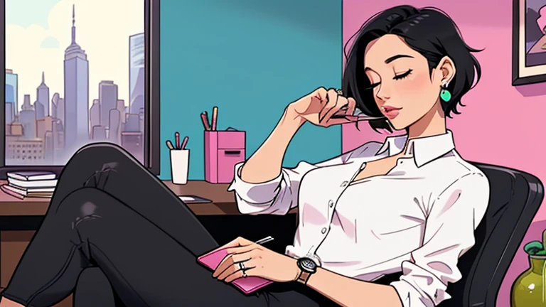 Beautiful short black-haired woman in her 30s sitting pink chair in an spacious and colorful office. looking down and closing her eyes, relaxed atmosphere, cozy, LOFI girl, alone in the room, white blouse, desk, documents, laptop, pen, watch, smartphone, stationery, wide glass window, only five fingers, New York, colorful, well-proportioned face, I can see skyscrapers outside the window, Colorful wall, pierced earrings, She is fashionable, ring, cabinet, In the background there are many desks and people, coffee cup, Well-proportioned face, pantsuit