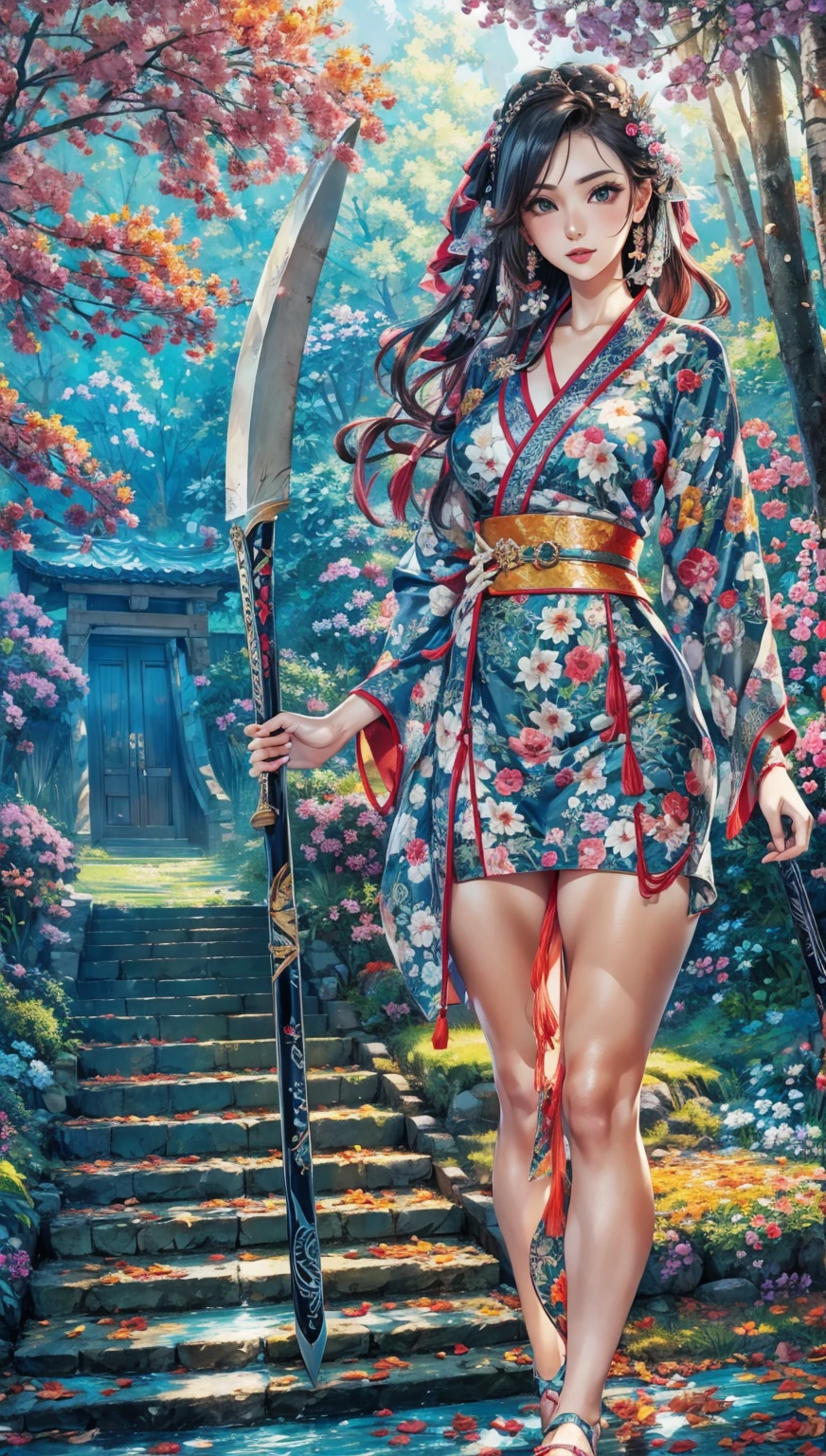 Clutching a naginata in one's right hand、Puddles at my feet、Feet are bare、The background is fresh green、moss、bamboo、The background is green、Emphasis on fullness of the breasts、The steel of the naginata blade in his right hand shines black.、The background is early summer、