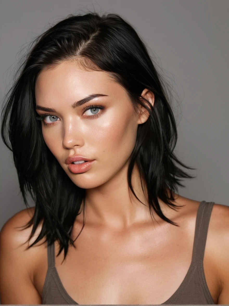 a realistic photo of a [ really beautiful exotic androgynous supermodel 19 year old woman] , with [long, dark short hair ] , looks like [Megan FOX] and [Adriana Lima], light makeup, looking [innocent, cute, flushed] , neutral background [light] skin --ar 9:16 --stylize 750 --v 6