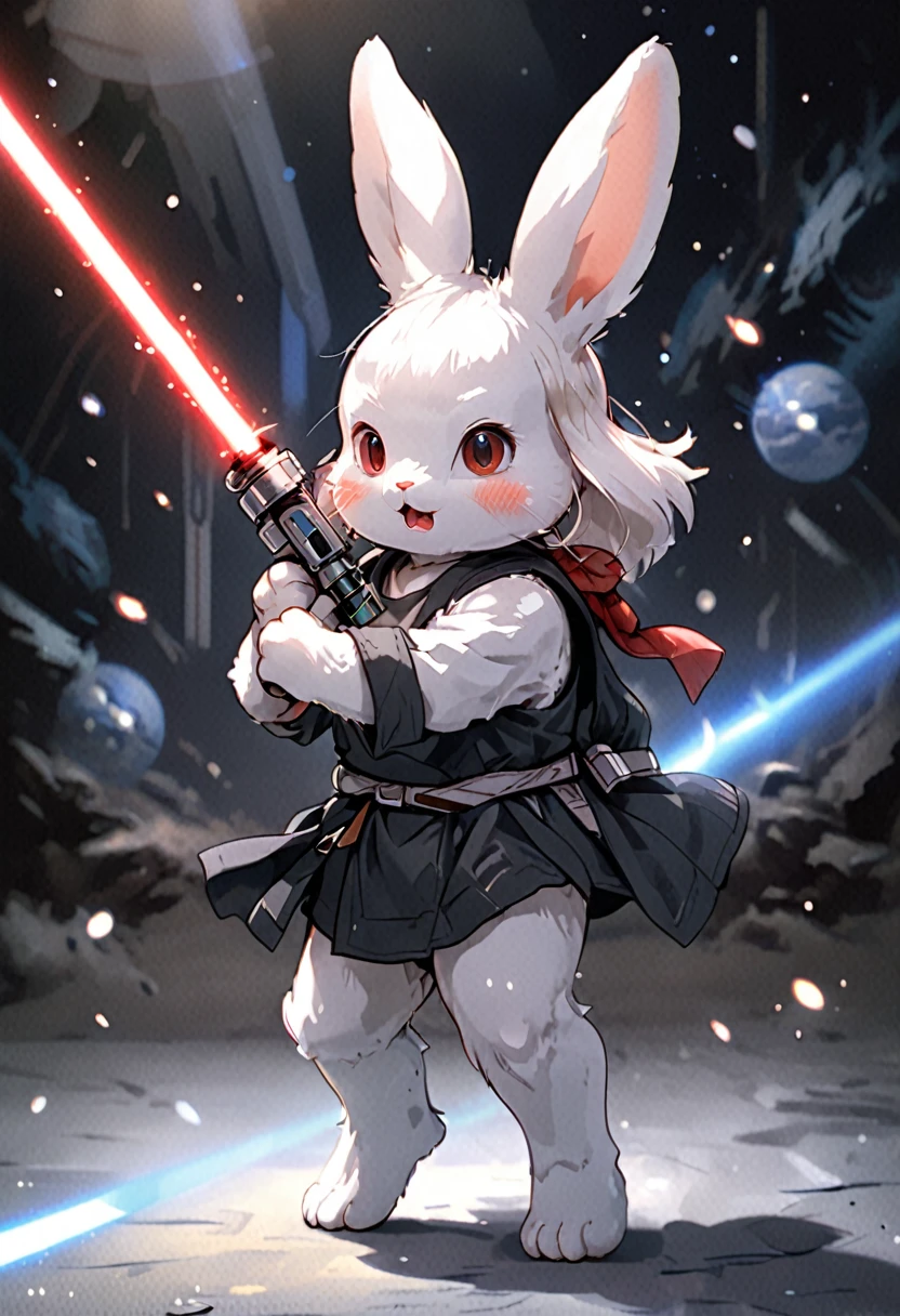 Rabbit holding a lightsaber、Have a bad face、Running with momentum、The background is space