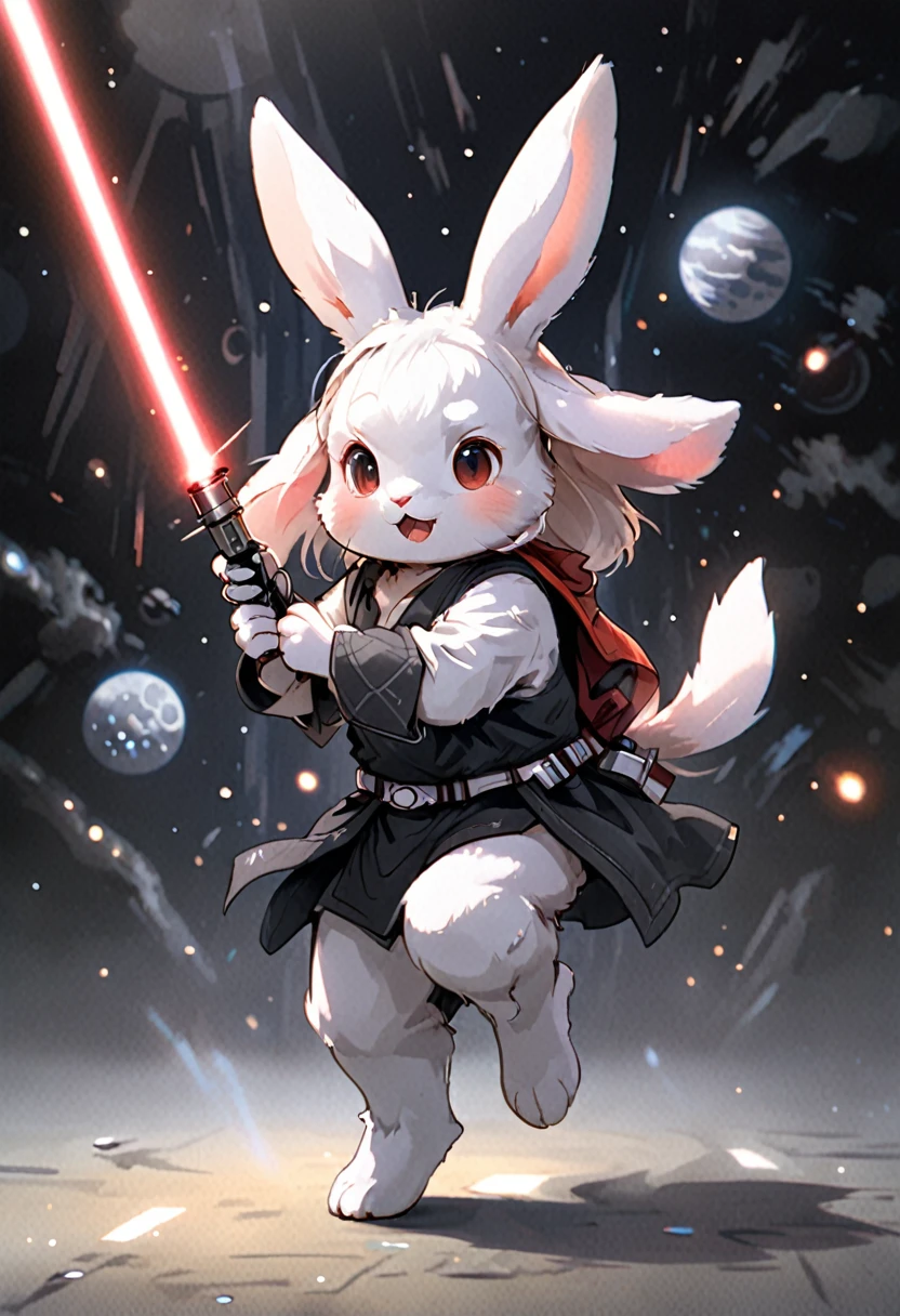 Rabbit holding a lightsaber、Have a bad face、Running with momentum、The background is space