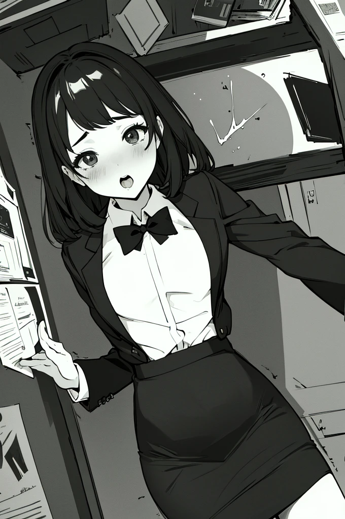 masterpiece, best quality, illustration, 8k cg wallpaper, beautiful secretary, pet red collar, suit, business shirt, lying, on back and hips on the desk with girls pictures on it of office, nsfw, POV, (intense sex of missionary), bare vaginal penis from tight skirt, pojecile cum in pussy, (gasp ecstasy, intense orgasm:1.2), pussy juice, trembling, cowboy shot, perfect anatomy, viewer is standing in front of the desk,